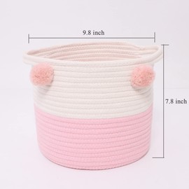 RengaoRise Small Woven Basket With Handles Pom Pom, 9.8 x 9.8 x 7.8 inch Pink-White Round Basket Cute Cotton Rope Decorative Empty Gift Basket for Baby Shower, Easter, Valentine's Day