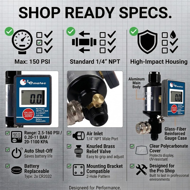 LE LEMATEC Digital Air Pressure Regulator with Water Separator, 1/4