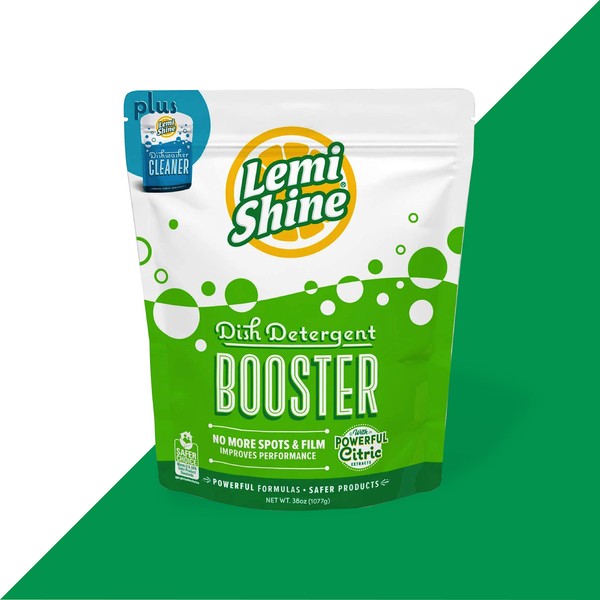 Lemi Shine Dish Detergent Booster, Hard Water Stain Remover, Multi-Use Citric Acid Cleaner with Award-Winning Dishwasher Cleaner (38 oz + 1 Dishwasher Cleaner, 1 Pack)