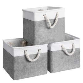 Cozary Storage Box Set 28 x 28 x 28 cm - Foldable - Storage Basket with Metal Insert and Cotton Handle - Fabric Storage Basket for Shelf, Cupboard and Clothes - Grey/White - Pack of 3