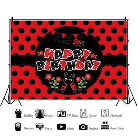 Ttincceer 150x100cm Happy Birthday Backdrop Cute Seven Star Ladybug Background Red Black Theme Animal Photography Background Baby Girl Boy Birthday Party Decoration Banner