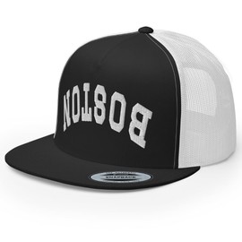 RIVEMUG NG Boston Upside Down Embroidered Flat Bill Trucker Hat High Crown Adjustable Cap Black/White