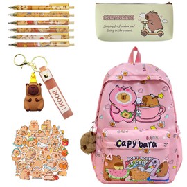 Suffolly Cute Backpack,Cute Backpack School Bag with Stationery Set 5 pcs,Cartoon Animal Large Capacity,Adjustable Rucksack Cartoon Toddler Daypack School for Kids (Pink)