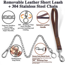 Dog Chain Short Leash with Leather Handle, 304 Stainless Steel Dog Short Lead Metal Heavy Duty Chain DIY Double Dog Leashes,Extend&Coupler. (Leather Handle 14" + 304 S/S 24")