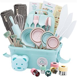 Kids Baking Set Real Cooking Set for Kids , Baking Supplies with Adult and Kid Aprons - Real Tools for Real Cooking Kids Baking Sets for Girls and Boys Kid Cooking Gift Set (Cyan)