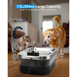 7.5L/254oz Dog Water Fountain with 4 Filters, Stainless Steel Pet Water Dispenser for Large Dogs, Large Automatic Dog Water Drinking Fountain Dog Water Bowl Dispenser, Easy to Clean, Quiet Pump