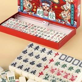 Mini Mahjong Set 麻将 Waterproof Guochao Mahjong Portable Mini Mahjong Internet Celebrity Creative Portable Outdoor Travel Mahjong with gife Box Carrying Travel Case,Mahjong Tile Game,2 Dice 4 Racks