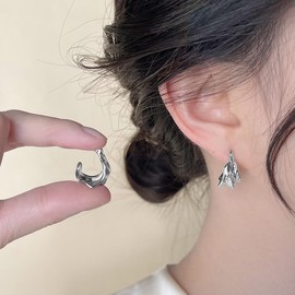 Irregular Silver Hoops Earrings for Women Girls Chunky Wrinkle Texture Piercing Studs Earring Minimalist Metal Lava Statement Hypoallergenic Lightweight Birthday Anniversary Jewelry Gifts