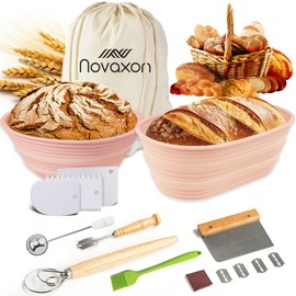 NOVAXON Sourdough proofing basket, Banneton bread proofing basket, Sourdough bread baking supplies along with bench scraper, bread lame, flour sifter, dough cutter & dough whisk.