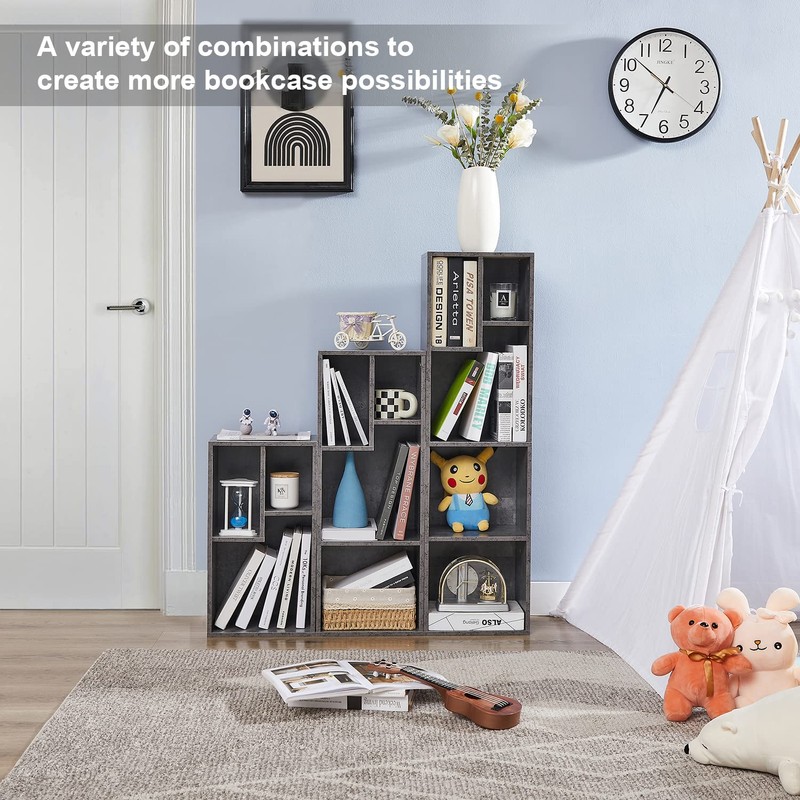 VECELO 3-Cube Open Bookcase, Small Bookshelf with Height Difference Shelves