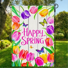 BlissYard Spring Garden Flags 12x18 Double Sided Spring Garden Flags For Outside Vibrant Tulips & Butterfly Backdrop Design Spring Yard Flag for Outdoor Decoration