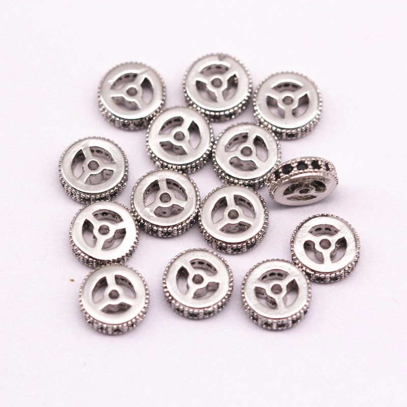 Unbranded Silver Plated Micro Pave Black Zircon Flat Wheel Charm
