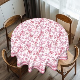 Imiss Pink Floral Round Tablecloth 60 Inch Vintage Floral Tablecloth Washable Round Waterproof Cloth Table Covers Chinoiserie Floral Tabletop Cover for Birthday Wedding Picnic Party Decoration