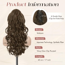 Sofeiyan Ponytail Hairpiece with Clip, Long Wavy Curly Braid Extension, Claw Clip-In Ponytail Extension, Synthetic Hair Extension for Women, 43 cm, Moss Brown