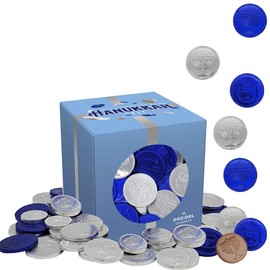 The Dreidel Company 1-Pound Chocolate Coins, Nut-Free, Made With Premium Belgian Milk Chocolate, Kosher Dairy Blue and Silver Chanukah Gelt With Menorah And Dreidel Design Over 70 Coins individually wrapped in Blue and Silver Menorah and Dreidel Design Foils!