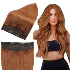 Full Shine Hair Extensions Invisible Wire Human Hair Extensions for Women Auburn Brown 70g Hairpiece Pastel Real Hair Extensions 14 Inch Hair Extensions with Transparent Fishing Line
