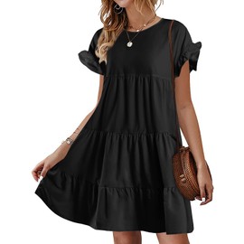Chuanqi Womens Ruffles O Neck Babydoll Tiered Loose Swing Short T-Shirt Mini Dress Z-Black
