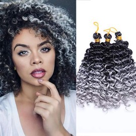 3PCS Water Wave Crochet Hair Crochet Braiding Hair - Black to Silver Gray - 8 Inch Ombre Synthetic Hair Extensions Weave Kinky Marley Bob For Women