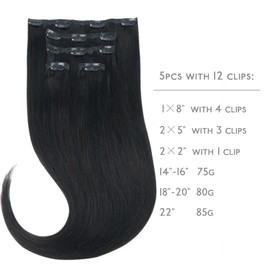 WENNALIFE Clip-In Real Hair Extensions, 75 g, 5 Pieces, 40 cm, Natural Black Extensions, Clip-In Remy Clip-In Extensions, Natural Hair Extensions Real Hair