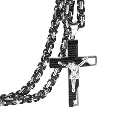 OIDEA Men's Cross Byzantine Chain Necklace: Jesus Crucifix Bible Prayer Pendant with Byzantine Chain Christian Cross Chain Heavy Biker Chain Religious Jewellery Gift for Men Father Friend, Stainless