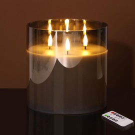 Eywamage 3 Wick Smoke Grey Glass Flameless LED Candle with Remote, Flickering Large Battery Pillar Candle Decor Φ 6" H 6"