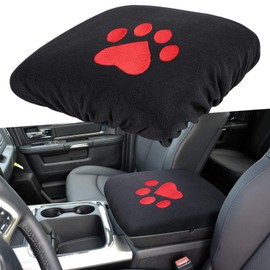Center Console Armrest Pad Cover for Dodge Ram 1500 2500 3500 4500 5500 Pickup Truck 1993-2023 Black Soft Car Armrest Seat Box Protector Cushion Interior Accessories All Weather (Red Dog Paw)
