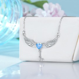 YAFEINI Angel Wings Necklace Sterling Silver Key Angel Wings Pendant Necklace Jewellery Gifts for Women Girls (Blue key necklace)
