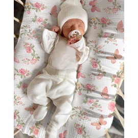 Muslin Baby Lounger Cover 2 Pack, Soft Breathable Newborn Lounger Pillow Cover for Boys Girls Infant (Butterfly & Beige)