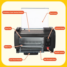 Countertop Hot Dog Roller with Bun Warmer and Adjustable Timer - 5 Stainless-Steel Rollers and Bake Tray