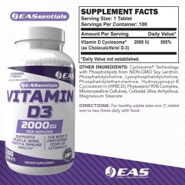 EAS Vitamin D3 2000 IU - Supports Muscle, Bone, Tooth, & Immune Health- 100 Tabs