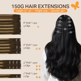DOORES Hair Extensions Real Human Hair, Balayage Chocolate Brown to Caramel Blonde 18 Inch 135g 9pcs, Thick Extensions Clip ins Remy Natural Weft for Women
