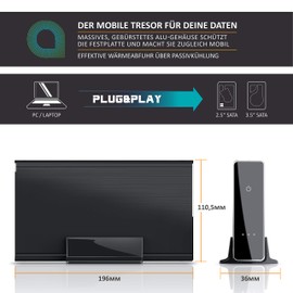 CSL - USB 3.0 Hard Drive Enclosure 3.5 Inch External - Brushed Aluminium - for SSD and HDD - SATA - UASP - Super Speed 5 Gbits - Plug and Play - Hot Plug - with Power Supply - Black Anodised