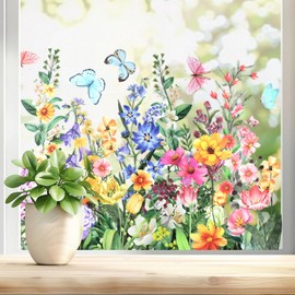 OQXEJPHFN 2 Sheets Flower Window Stickers, Reusable Colorful Double-Sided Floral Bouquet Window Clings for Home Office Decoration