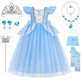 YYDSXK Princess Dress Girls Cinderella Costume with Crown Wand Necklaces Set, Fancy Dress Costumes Children's Cinderella Dress Princess Costume for Carnival Cosplay Birthday Party (B, 130)