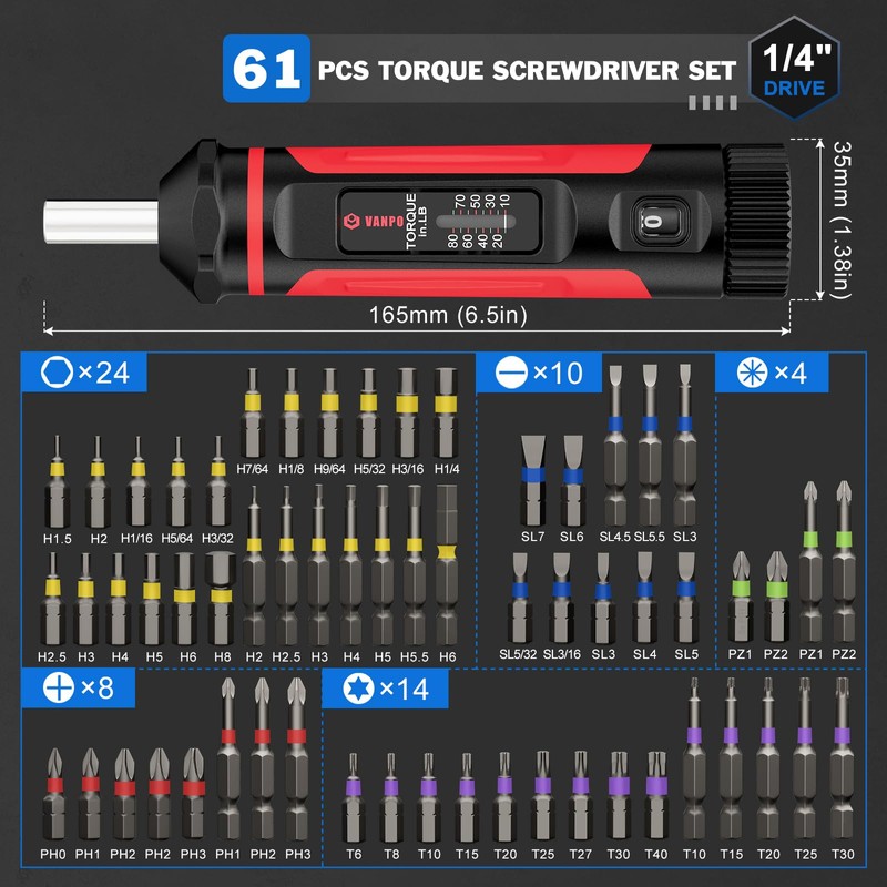 VANPO Torque Screwdriver, 10-80In-lb Torque Screw Driver Wrench Driver Set,