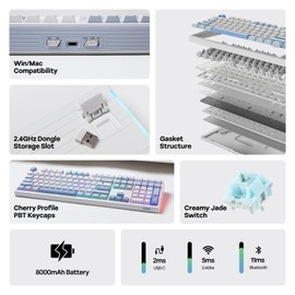 EPOMAKER TH108 Full Size Mechanical Keyboard, Wireless Gaming Keyboard with 8000mAh Battery, Creamy Gasket, 108 Keys, Hot Swap, Custom Driver, RGB Backlight (Blue&White, Creamy Jade)
