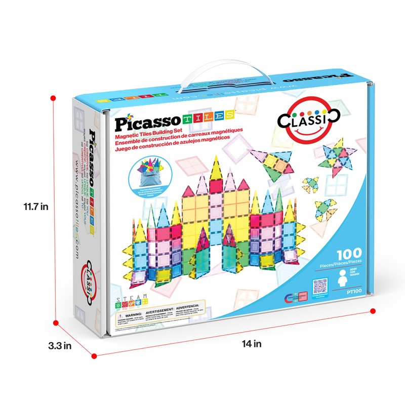 PicassoTiles 100 Piece Set 100pcs Magnet Building Tiles Clear Magnetic