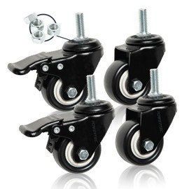 POWERTEC 2 Inch Caster Wheels Set of 4, 3/8"-16 x 1 Stem Casters - 2 Casters W/Dual Locking Break - Heavy Duty 350 lbs, 360° Swivel, PU Castor Wheels for Furniture, Carts, Trolleys, Toolboxes (17220)