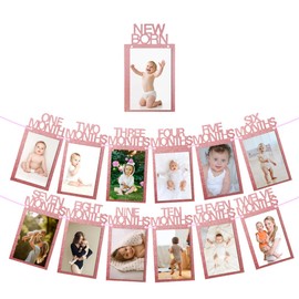 Gxdamxz Photo Banner, Photo Garland 1st Birthday, Photo Garland Birthday Decoration 1 Year Hanging for Girls Boys, Rose Gold