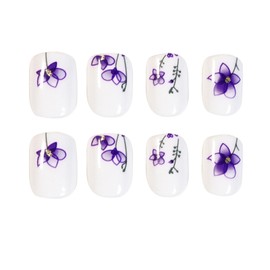 Square Press on Nails Short - TUZADNW Extra Short Fake Nails Press ons Blooming Ink Flower Design,24 Pcs White Full Cover Glue on Nails Glossy Stick on Acrylic Nails for Women