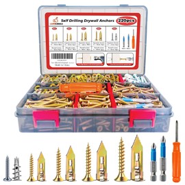220PCS Self Drilling Drywall Anchors with Screws Kit,5-Sizes Metal Expansion Bolt for Dry Wall,110 PCS Sheetrock Anchors and 110 PCS Screws-No Drill Needed