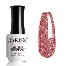 RARJSM Rose Glitter Gel Nail Polish Big Flakes Diamond Sparkly Chunky Rose Pink Shimmer Pigments Nail Gel Polish Soak off Led UV Curing Required for Nail Art Salon Fall Winter Christmas Manicure
