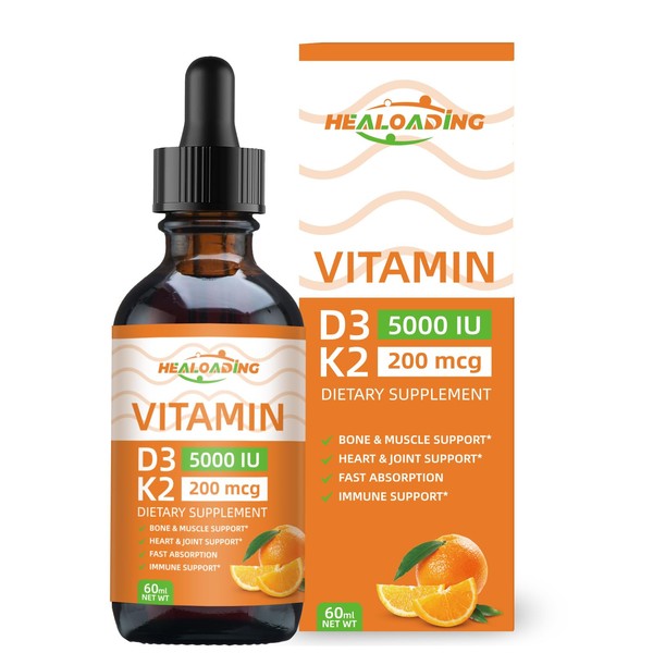 HEALOADING Vitamin D3 K2 Drops, Organic Plant D3 + K2,