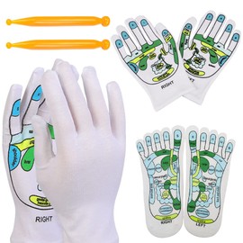 ZUYYON 2 Pairs Acupressure Reflexology Gloves Socks Set Reflexology Tools Massage with Point Massager Tools Hand Spa Reflexology Sock Five Toe Separate Socks for Men Women Tired Relieve White