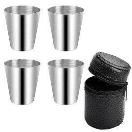 AONAYO Set of 4 Shot Cups Stainless Steel Shot Cups, 30 ml Stainless Steel Cups, Stackable Shot Cups with 1 Leather Bag, Portable Metal Cup, Camping Cup, for Camping, Hiking, Picnic