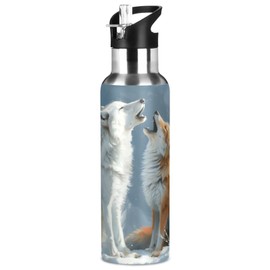 Arctic Wolf and Fox Water Bottle with Straw Lid Vacuum Insulated Stainless Steel Thermo Flask Water Bottle 32oz