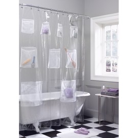 Maytex Mesh Pockets PEVA Shower Curtain and Bath Organizer with 9 Storage Pockets, Grey, 70 x 72 Inches