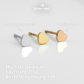 BONNYBIRD® Women's Earrings, High Quality Premium Stainless Steel Stud Earrings in Silver, Gold & Rose, Heart, Heart gold