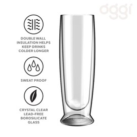 Oggi Champagne Flutes Double Wall Insulated Glass, Ideal for Champagne Cava Prosecco Sparkling Wine Mimosa Bridesmades Bridal Shower, Stays Cool Longer Even Outdoors, Stunning, 6oz/180ml, Set 2