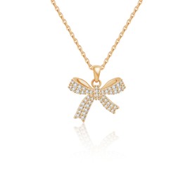 Airrty Bow Necklace for Women, 14k Gold Plated Shining Rhinestone Bowknot Necklace Choker, Link Adjustable, Cute Tiny Bow Knot Chain for Valentine's Day Gifts, Gold Plated, Cubic Zirconia